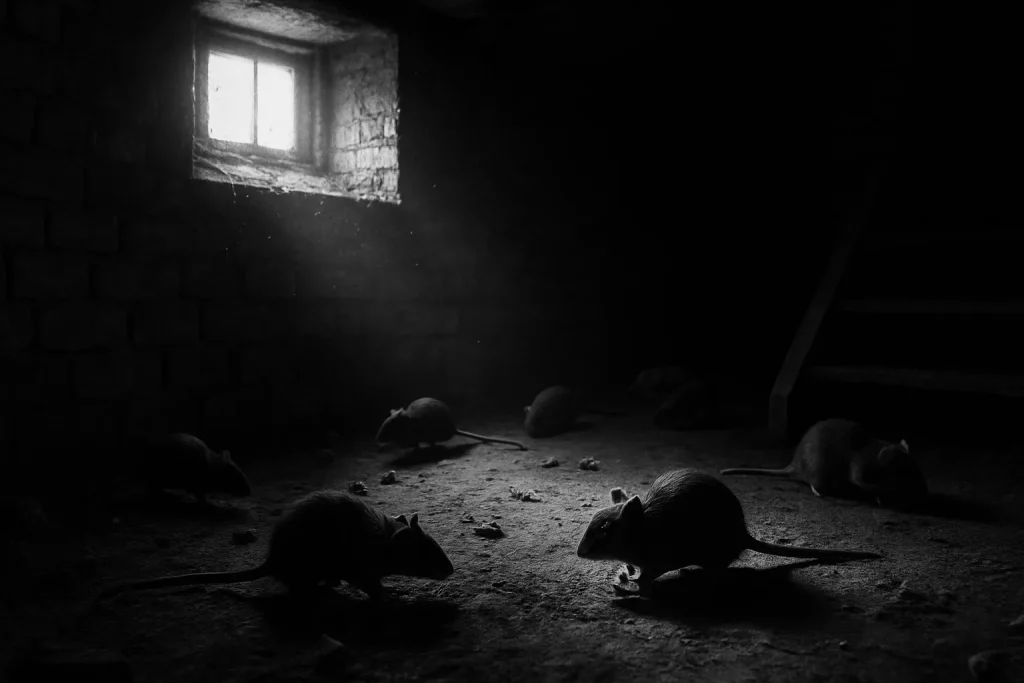 Cave en noir et blanc avec présence de rats, lumière tamisée