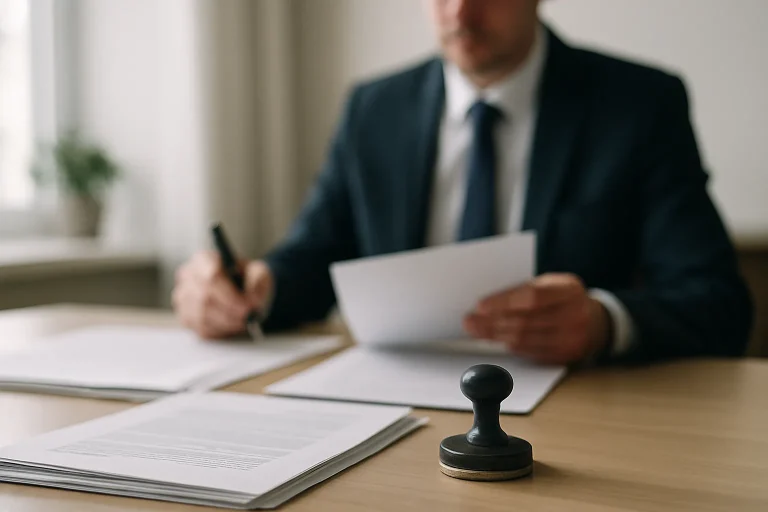 Notaire flou au bureau avec cachet et documents en Mayenne