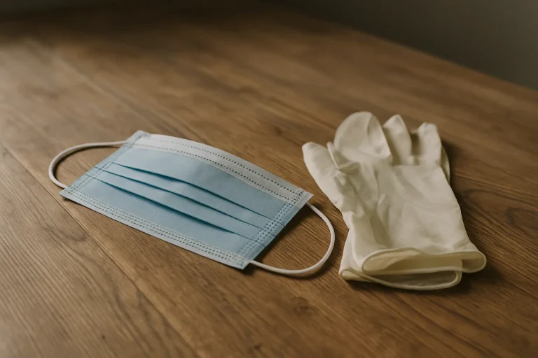 Masque et gants de protection sur une table en bois, lumière douce