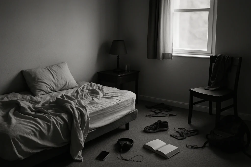 Chambre en désordre avec effets personnels éparpillés, lumière douce