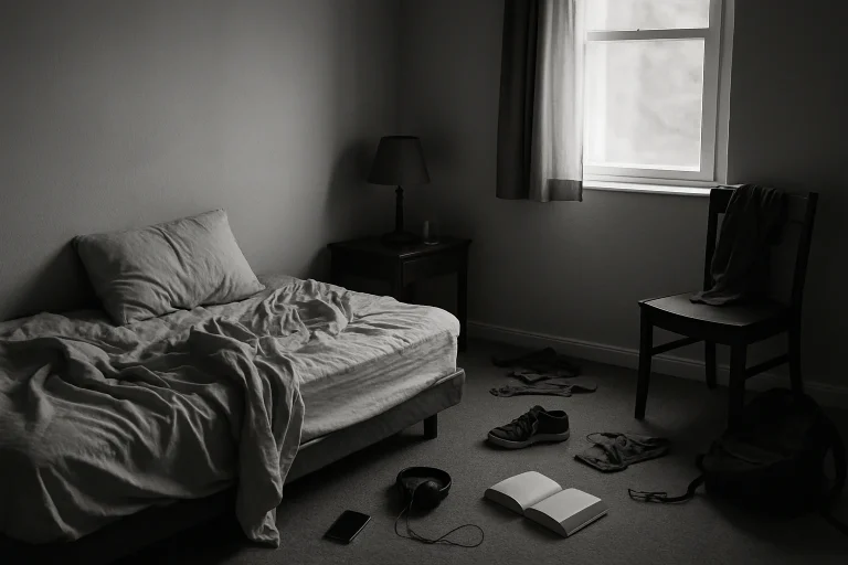 Chambre en désordre avec effets personnels éparpillés, lumière douce
