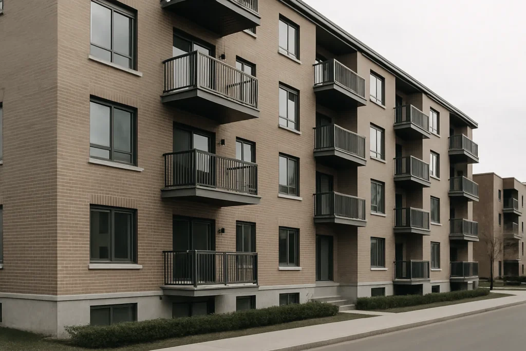 Immeuble résidentiel à Laval, façade rénovée et trottoir propre